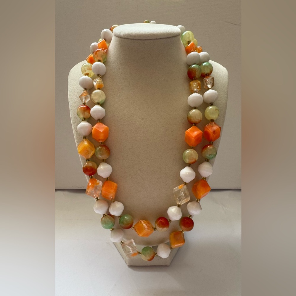 Vintage Hong Kong Double Strand Orange, White & Green Beaded Necklace